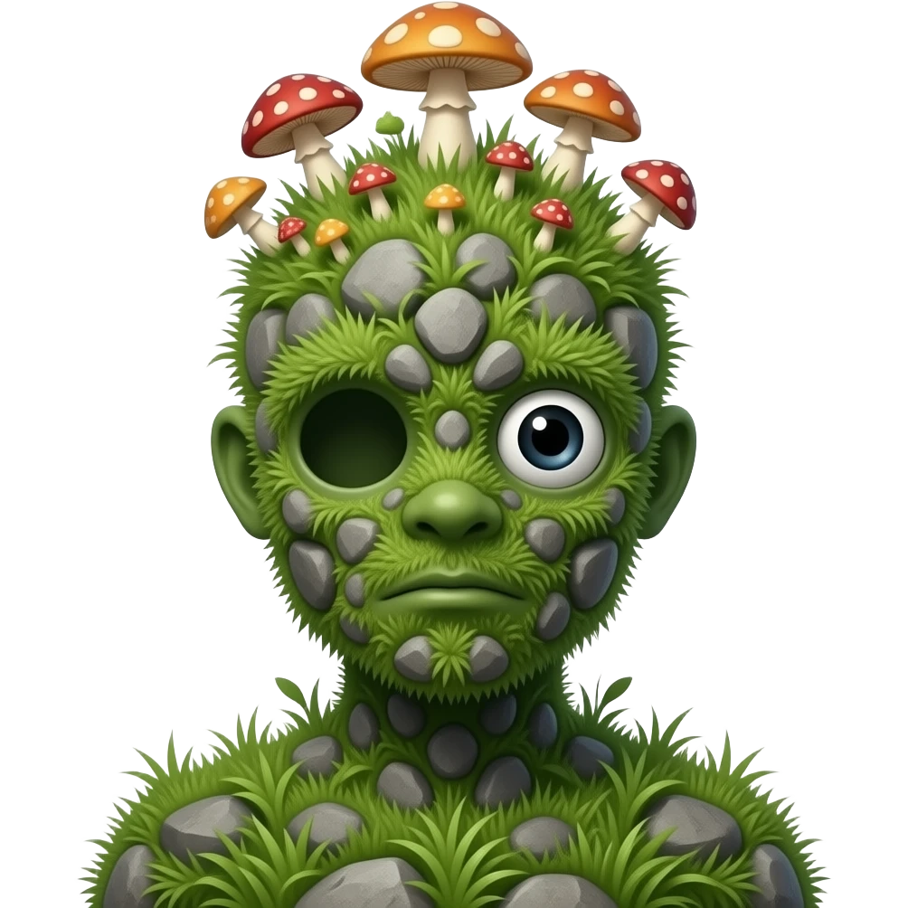 A humanoid thing with grass on it with rocks on it different mushroom growing on its head with no ears or mouth one single black eye emoji