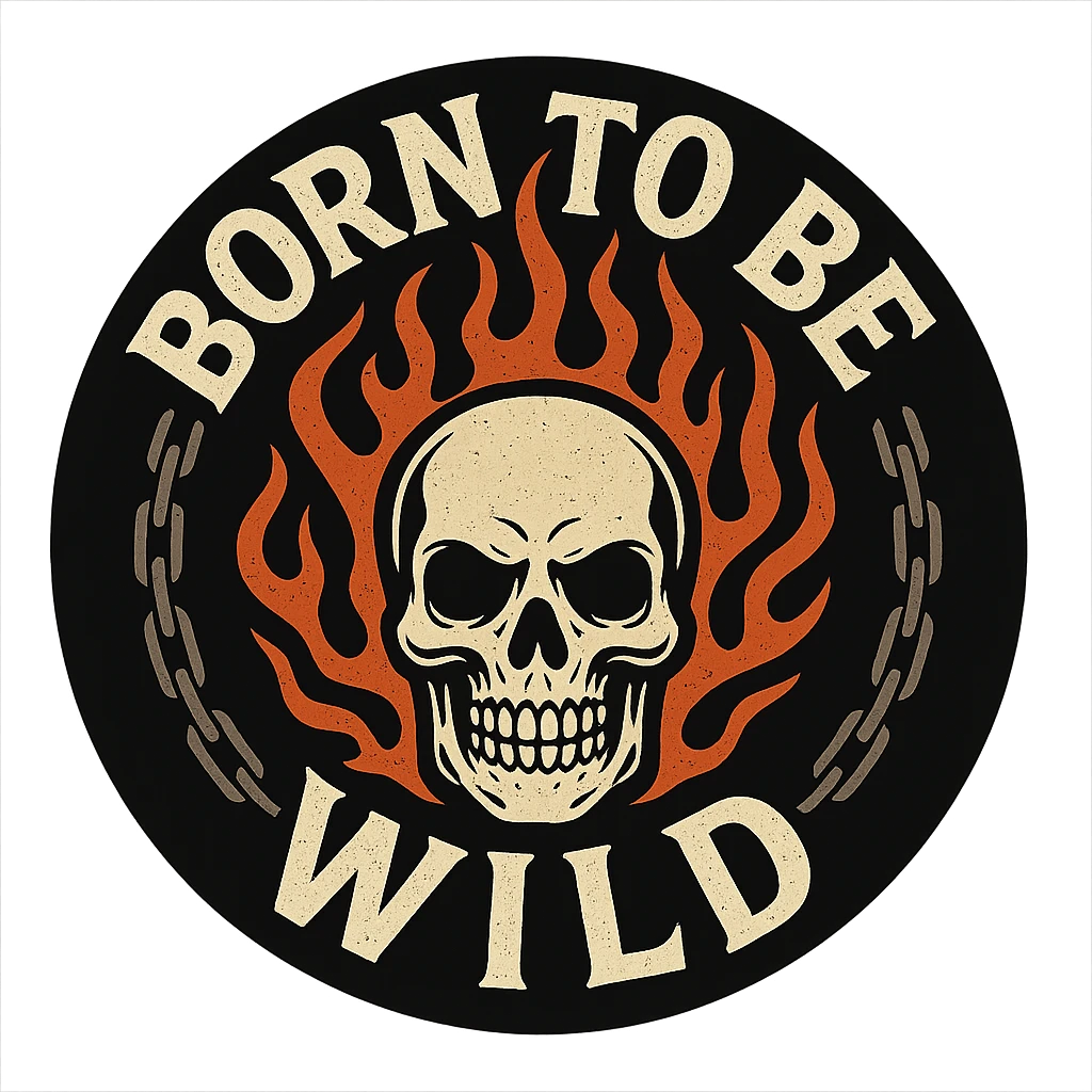 circular motorcycle cap design with transparent background, text 'Born to be wild', motif: skull, chain, flame, cool style emoji
