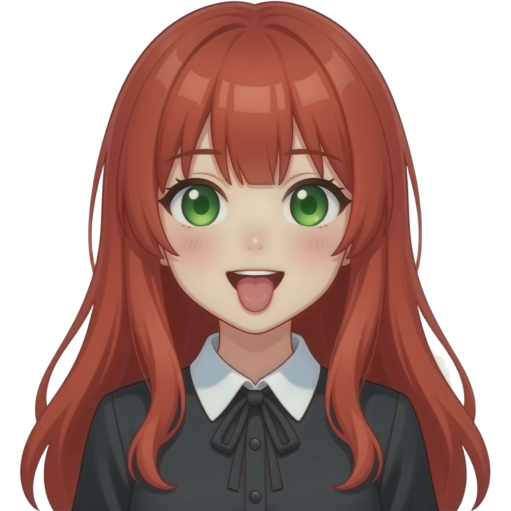 anime girl tongue out long red hair green eyes black blouse with white collar emoji