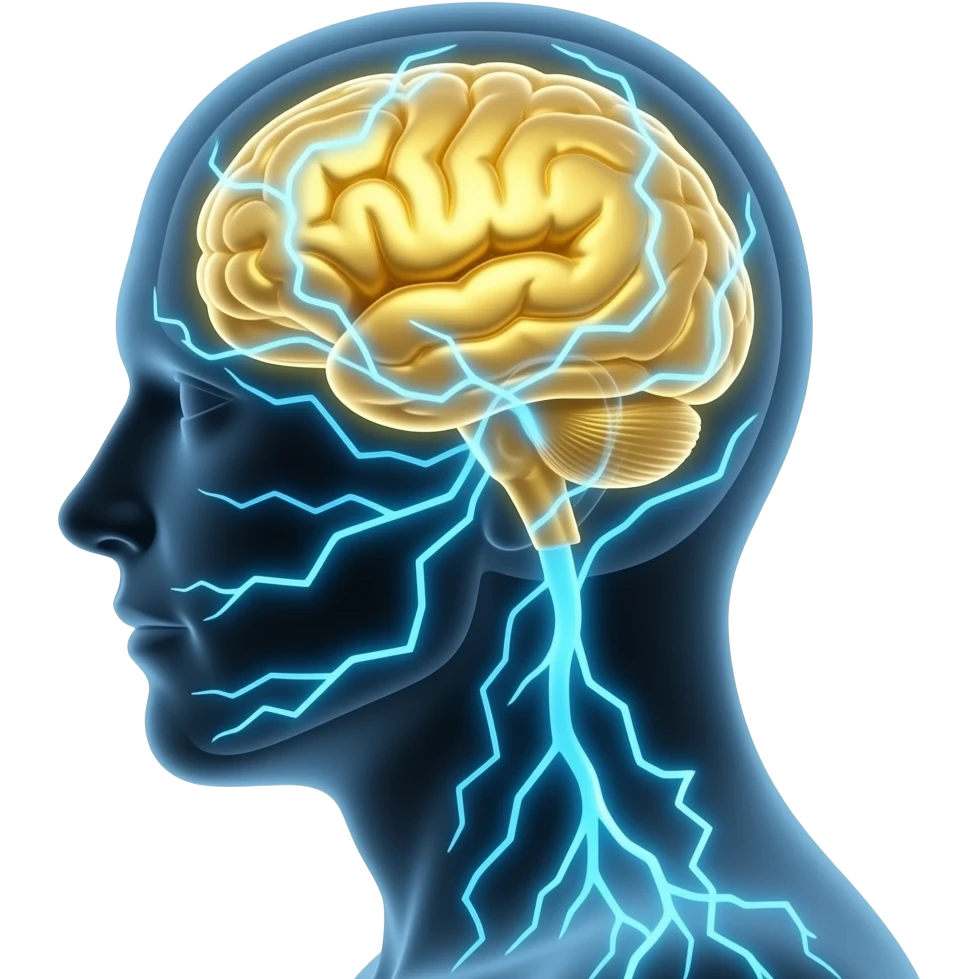 human silhouette with visible glowing gold brain inside, neural connections lighting up emoji