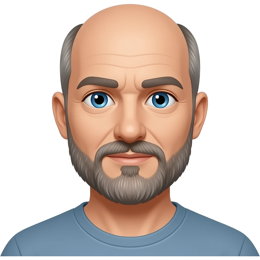 more grey in the beard. blue eyes. bald head emoji