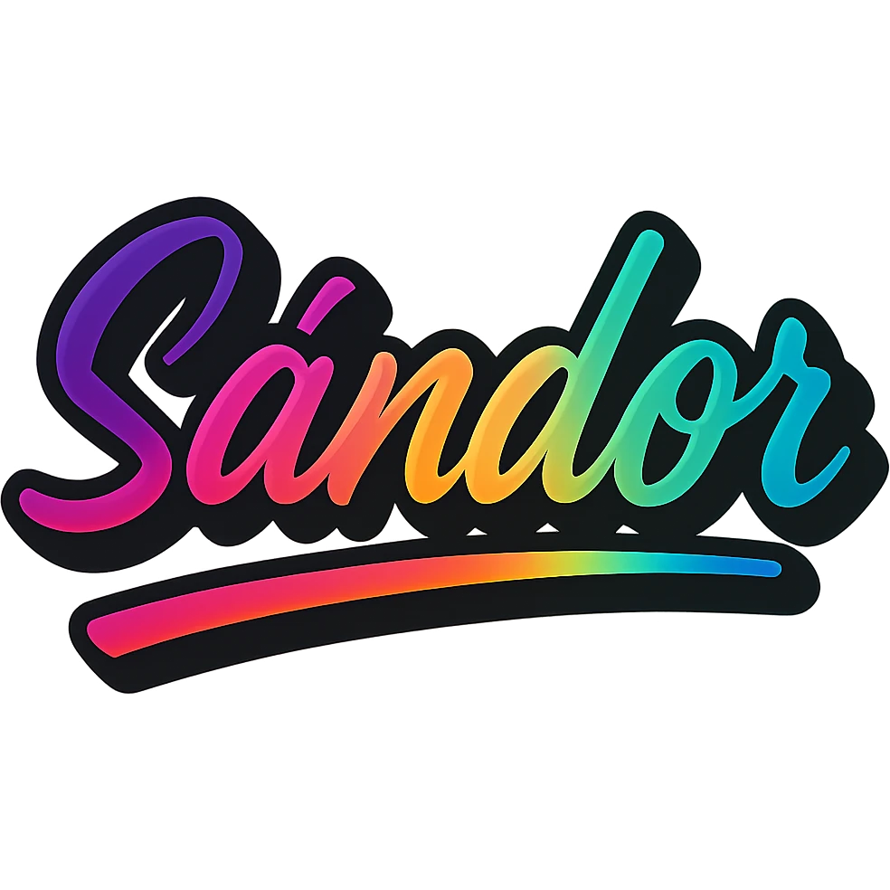 The name 'Sándor' in a modern, colorful gradient font with a dark outline, on a transparent background, with the name underlined or partially underlined with a dynamic, slanted underline, in the style of the sample images. emoji