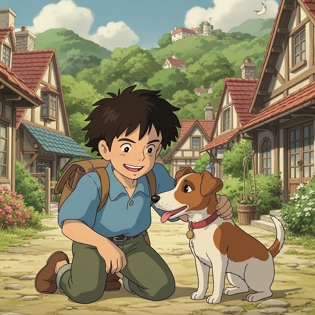 kid and his pet dog in studio ghibili style emoji