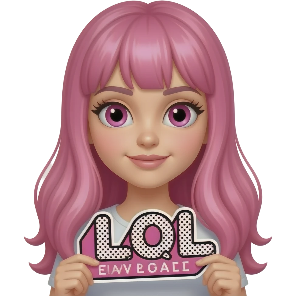 sexy girl with long pink hair and pink eyes holding LOL sign emoji