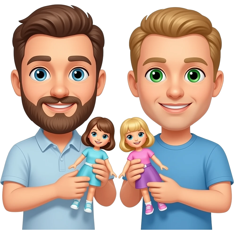 White guy with brown beard and second light skin guy green eyes playing with dolls emoji