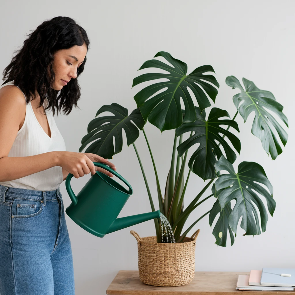 woman watering her monstera plant emoji