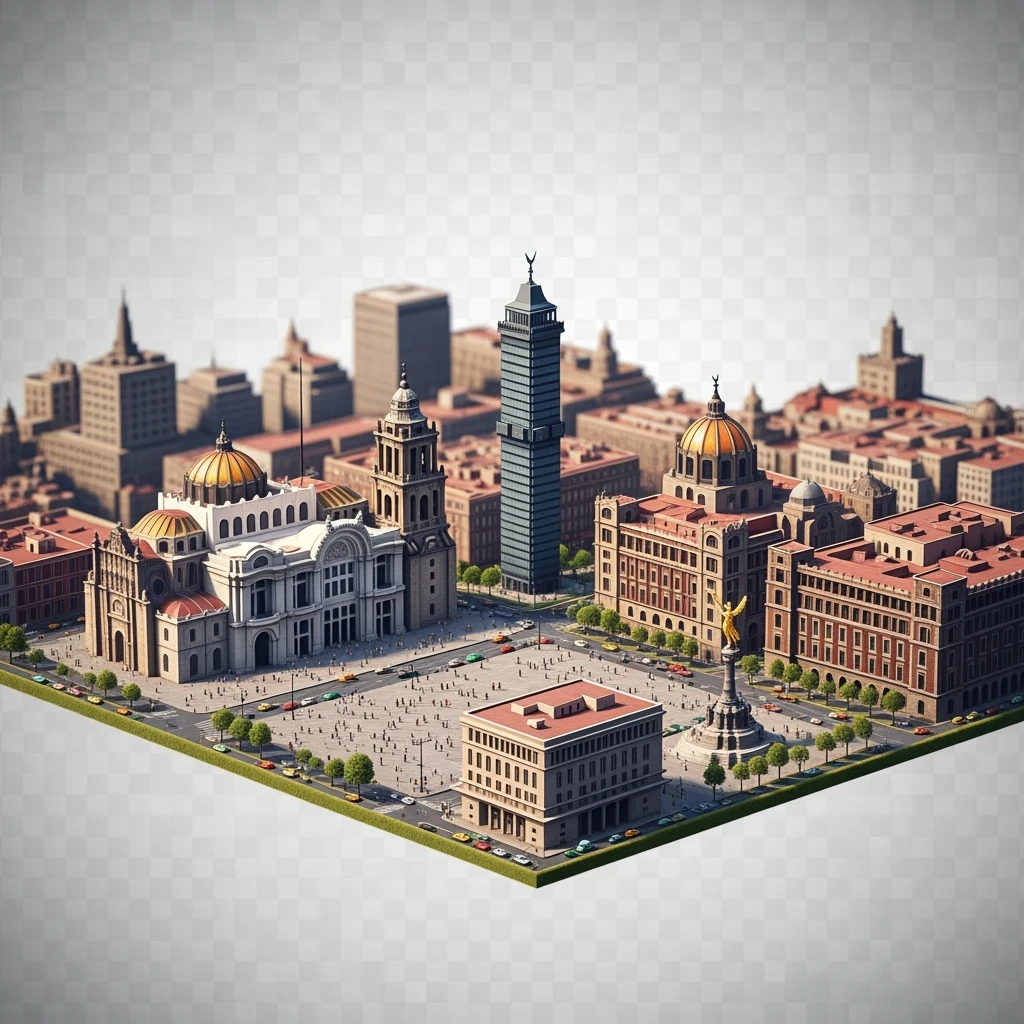 Isometric miniature of Mexico City Zócalo square with Metropolitan Cathedral, Palacio de Bellas Artes, Torre Latinoamericana, Chapultepec Castle, and Angel of Independence, atmosphere of the city 3D miniature effect and Tilt Shift effect, no cartoonish look, transparent background. emoji