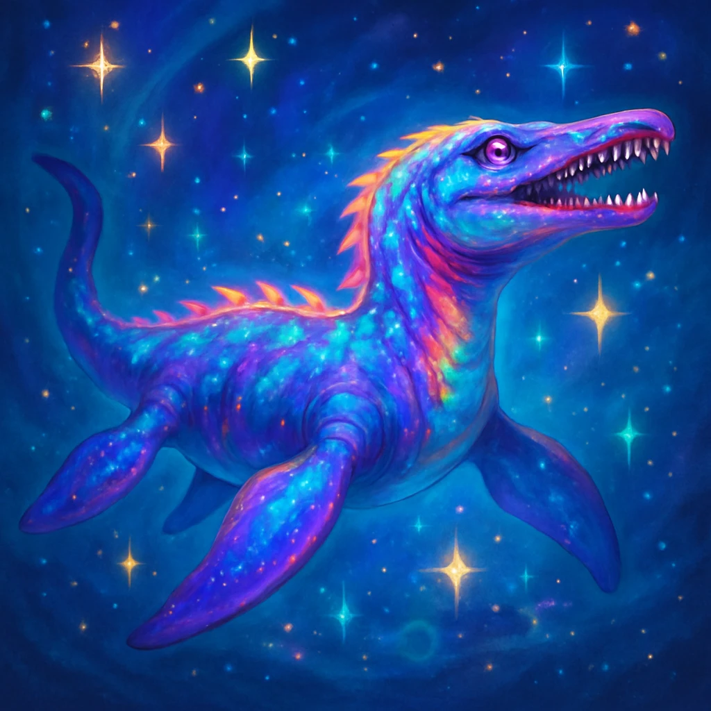 magical liopleurodon, surrounded by stars, enchanted, vibrant colors emoji