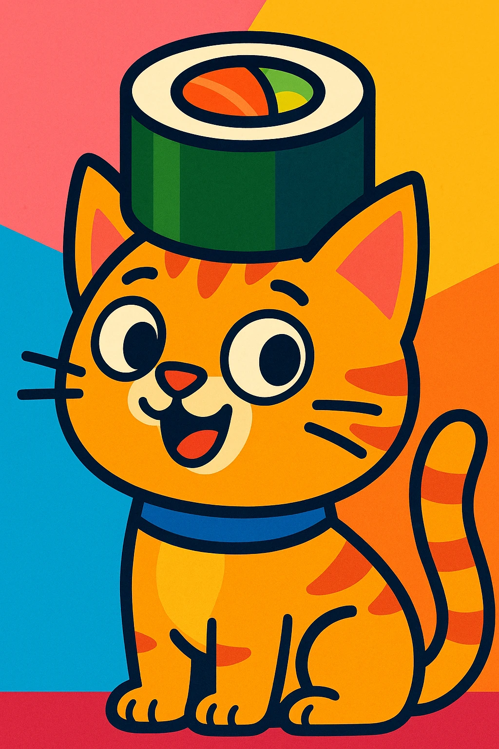 whimsical style cat wearing a sushi roll as a hat, fun and colorful emoji