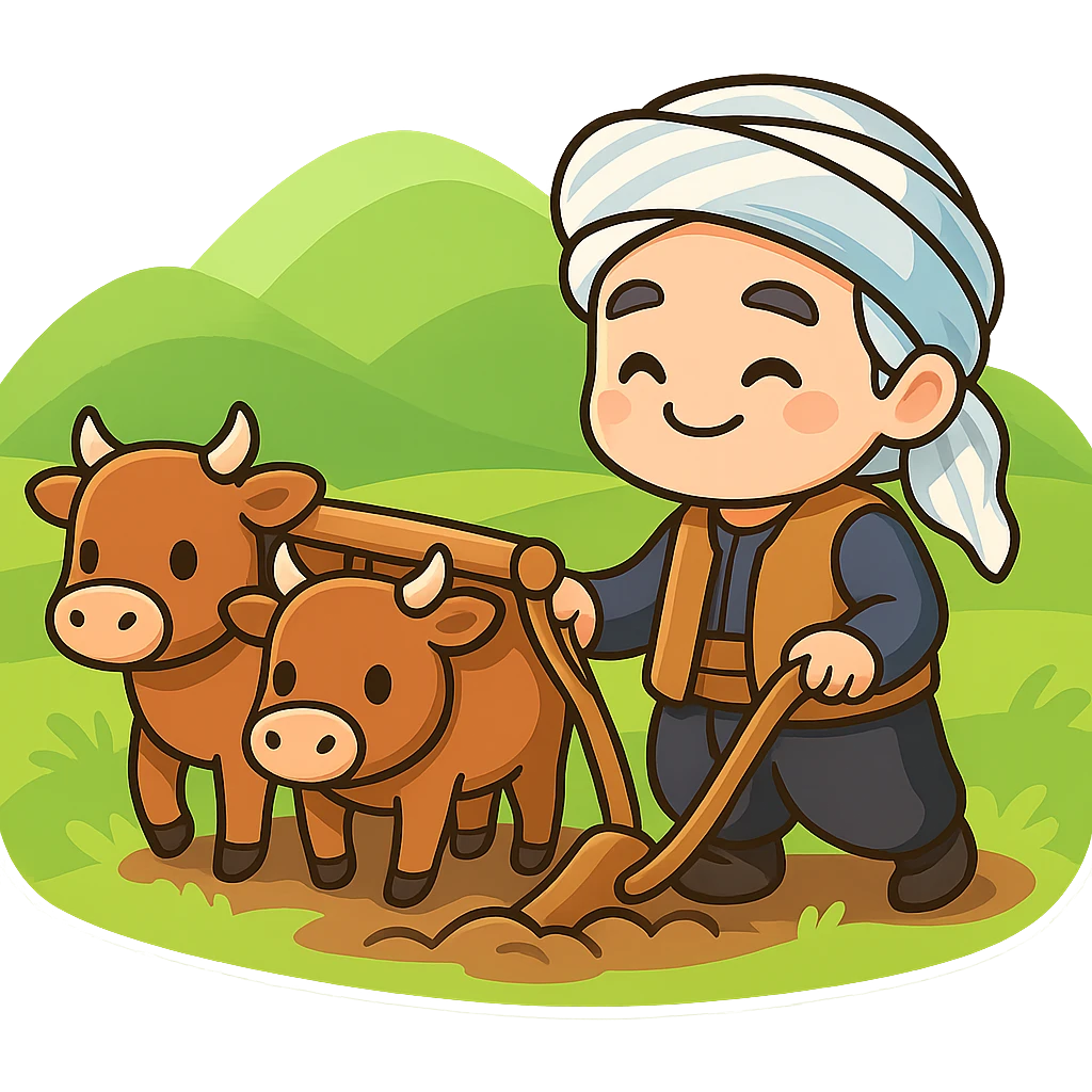 Create a colorful and cheerful cartoon sticker featuring a Kurdish farmer with two cows, a yoke, and a plow on a green hillside. The style should be vibrant, cute, and suitable for WhatsApp and Instagram usage. Maintain a transparent background for easy sticker use. emoji