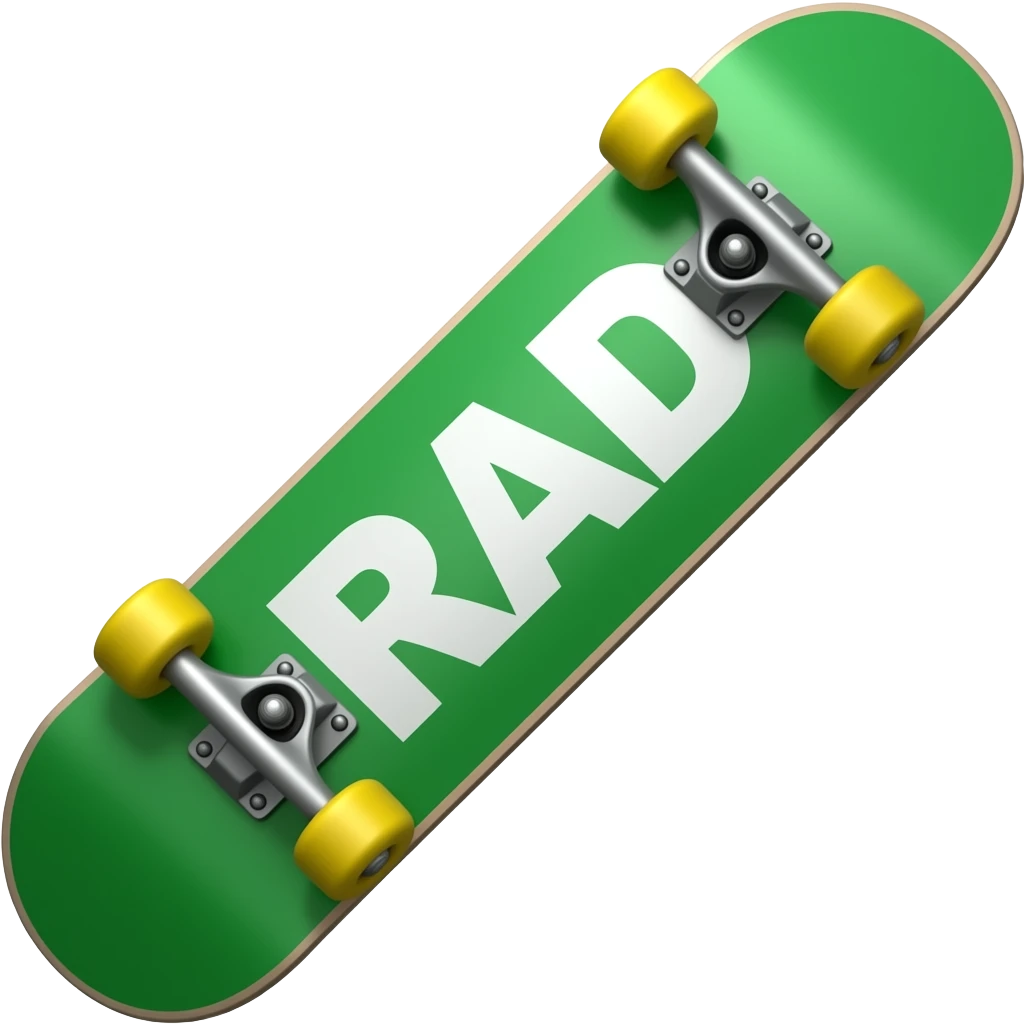 green skateboard with stylised RAD in capitals letters on the back with it, 90 degrees angle emoji