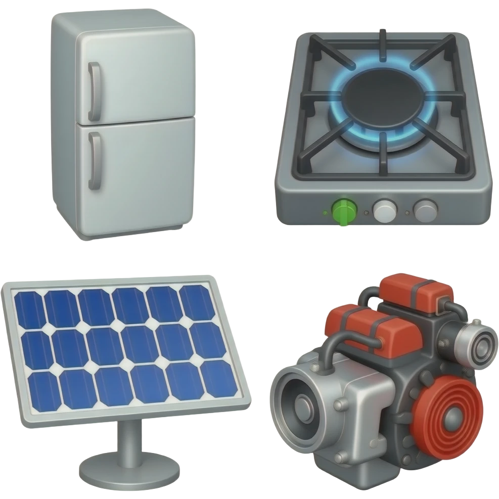 Collage of fridge, Gas burner, Solar, engine emoji