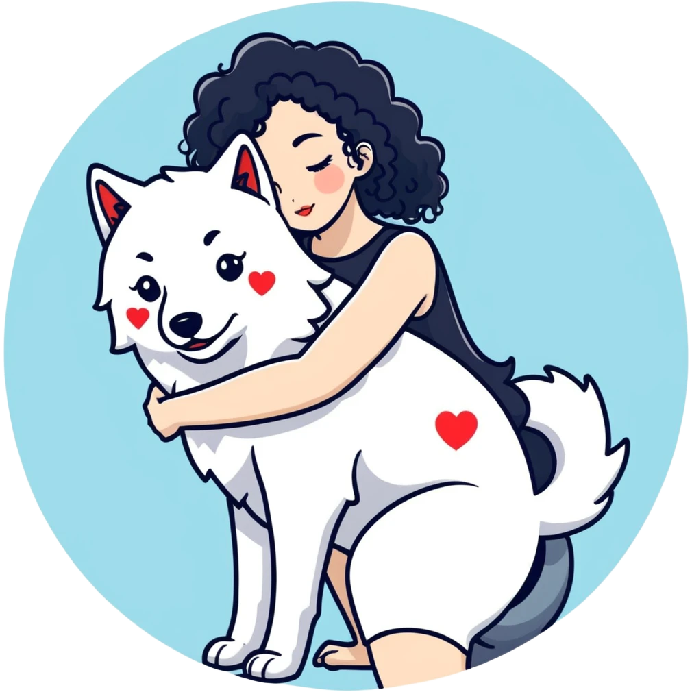 Black curly hair white skin girl hugging one big wolf with hearts above them emoji
