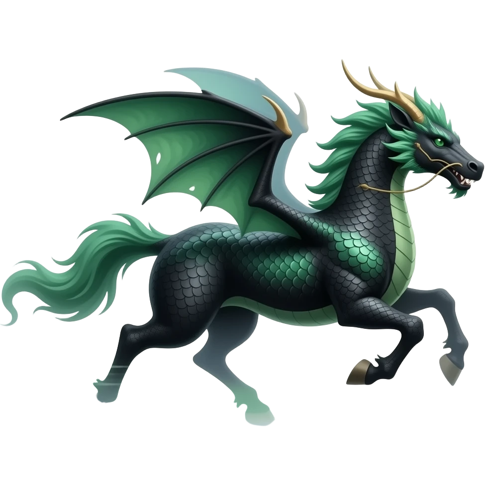 Manil Maakorn, the mythical dragon-horse hybrid, black and emerald green scales, fast movement trail, simplified design, running across clouds, mystical background, card game style. emoji