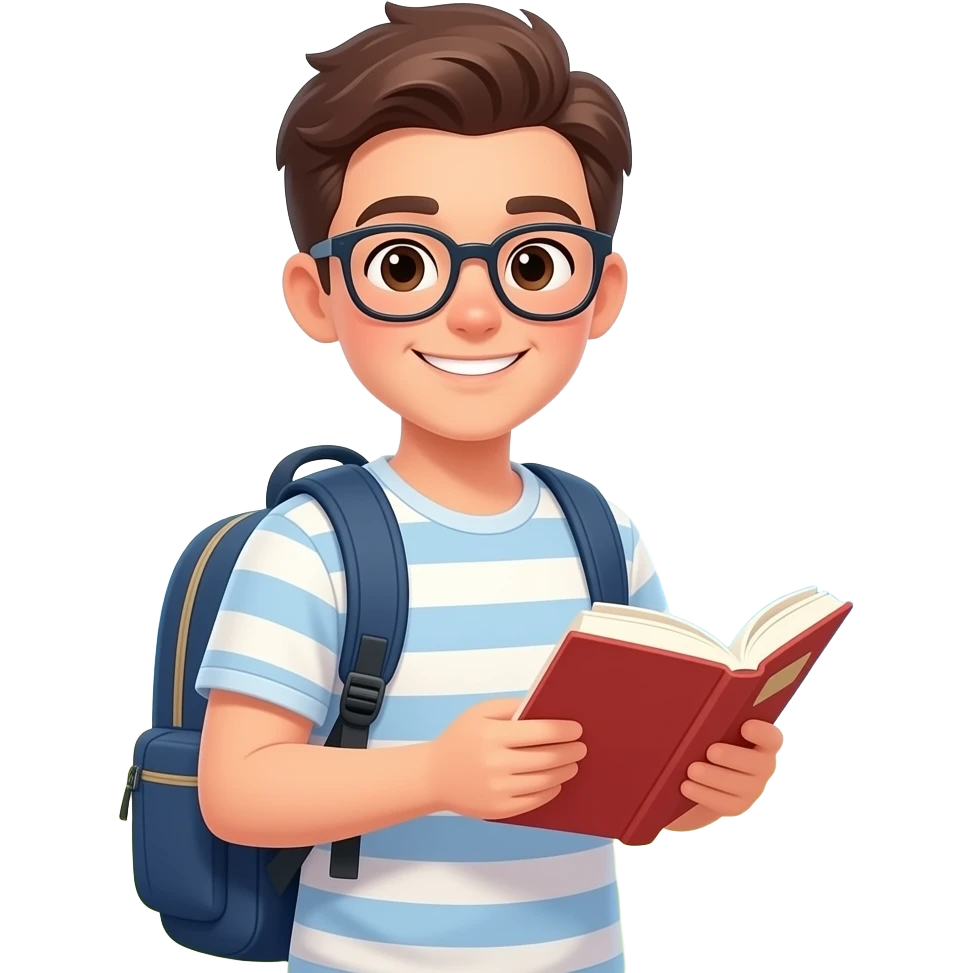 아이폰 이모티콘 스타일, 가방을 메고 책을 들고 있는 대학생, 여름 배경 emoji