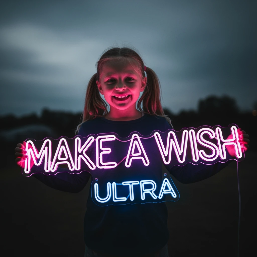 make a girl holding this sign, but sign in made of neon, also add ultra below the sign emoji
