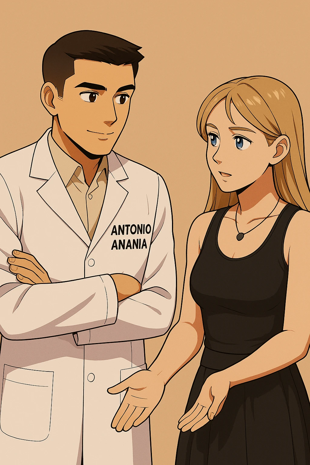 fai un webtoon/manga a colori con questo kinesiologo in camice bianco (fagli la scritta "ANTONIO ANANIA" SUL CAMICE) CHE PARLA CON QUESTA RAGAZZA CON GLI OCCHI AZZURRI. la ragazza gli fa una domanda e IL KINESIOLOGO CON IL CAMICE BIANCO LE risponde. NON FARE I FUMETTI, FAI SOLO LORO COME SE DIALOGASSERO emoji