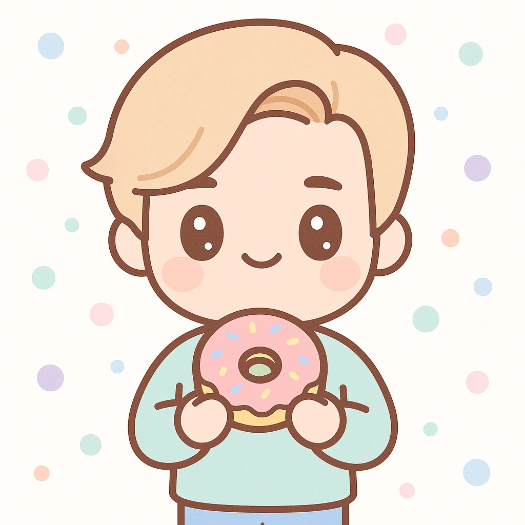 kawaii style illustration of Justin Bieber holding a donut emoji