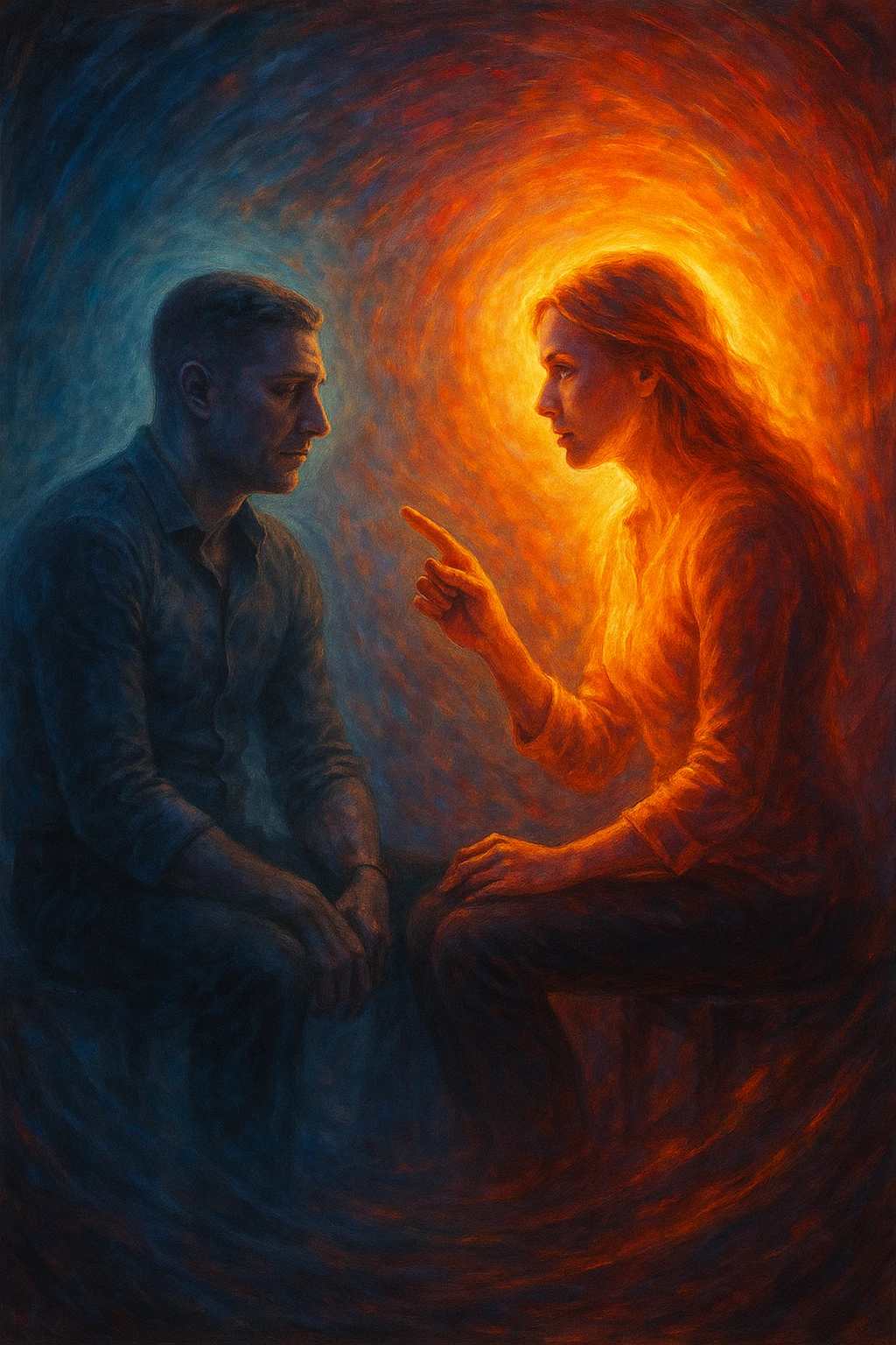 Man receiving advice from a woman, symbolically losing masculine energy, his aura fading while hers shines. Conceptual composition, two seated figures, emotional tension, abstract background." emoji