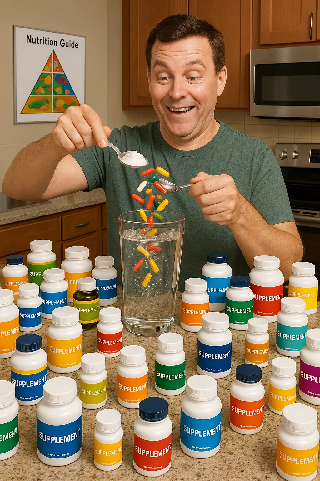 a man stands in his kitchen, enthusiastically pouring multiple supplement pills and powders into a large glass of water. The kitchen counter is cluttered with dozens of supplement bottles, and his expression is confident but slightly oblivious. In the background, a nutrition guide or food pyramid is ignored, highlighting his focus on supplements over balanced nutrition. emoji