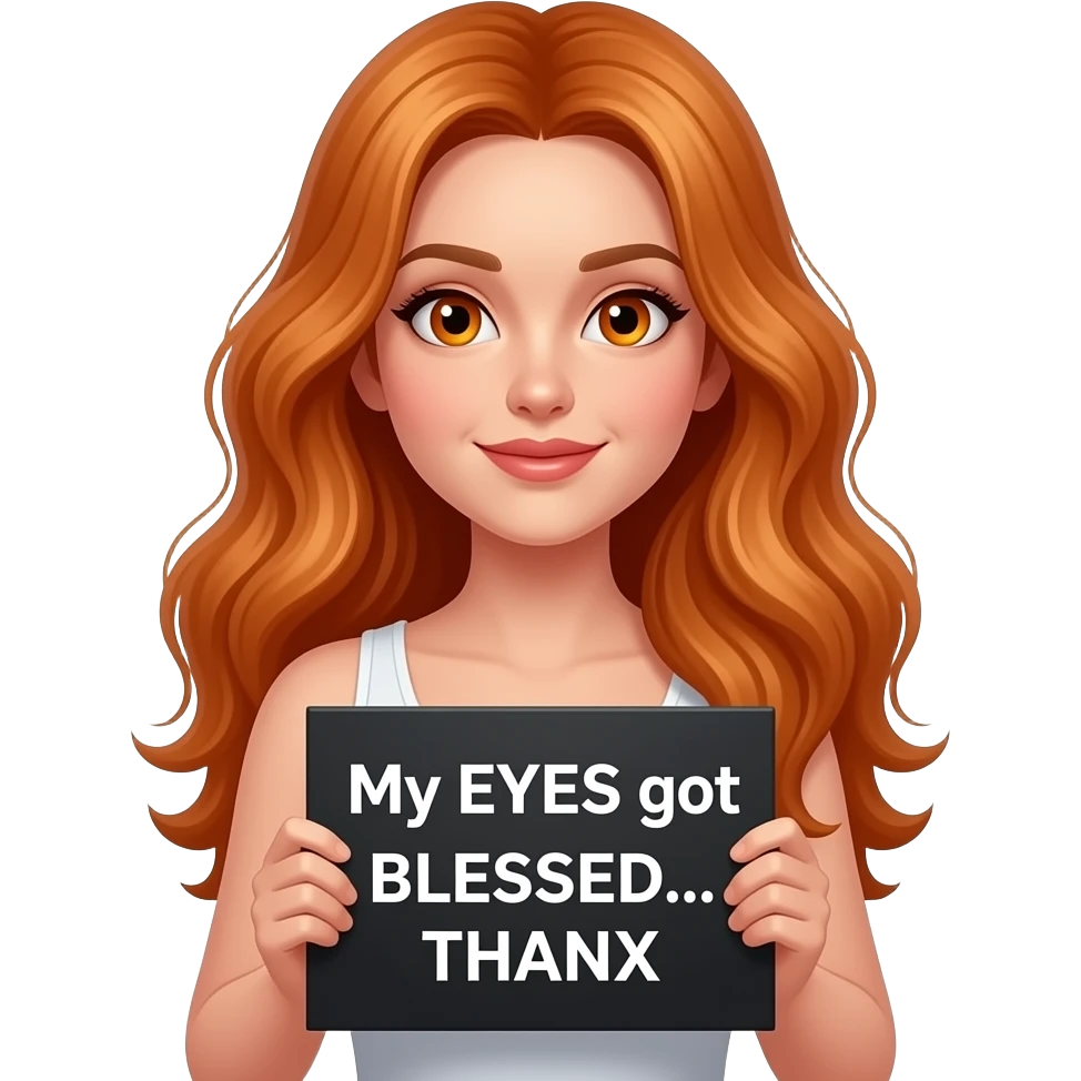 sexy girl with long wavy ginger hair and ginger eyes wearing a white tanktop is holding a black colored sign with My EYES got BLESSED... THANX written on it emoji