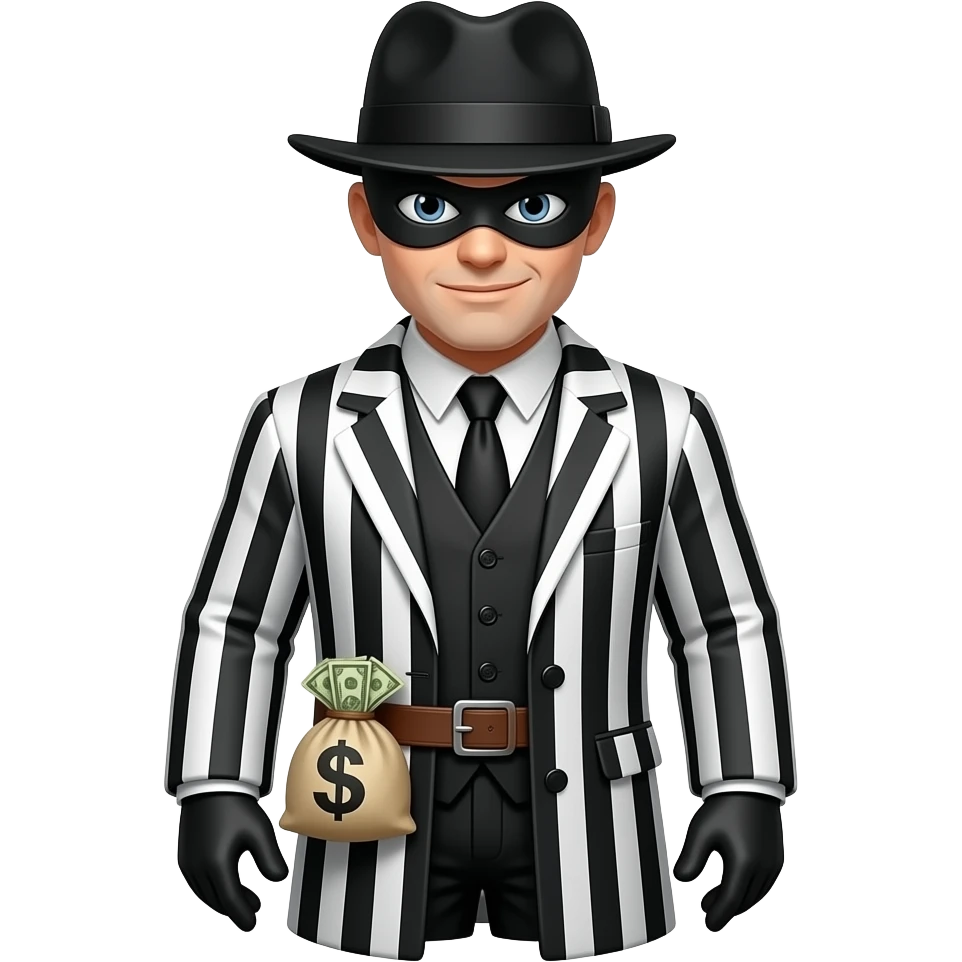 L'emoji di un ladro fammela in  e fammelo con un vestito con le strisce bianche e nere e anche una maschera che copre che sta sugli occhi e un dacco con dentro dei soldi sulle spelle e un cappello da ladro emoji