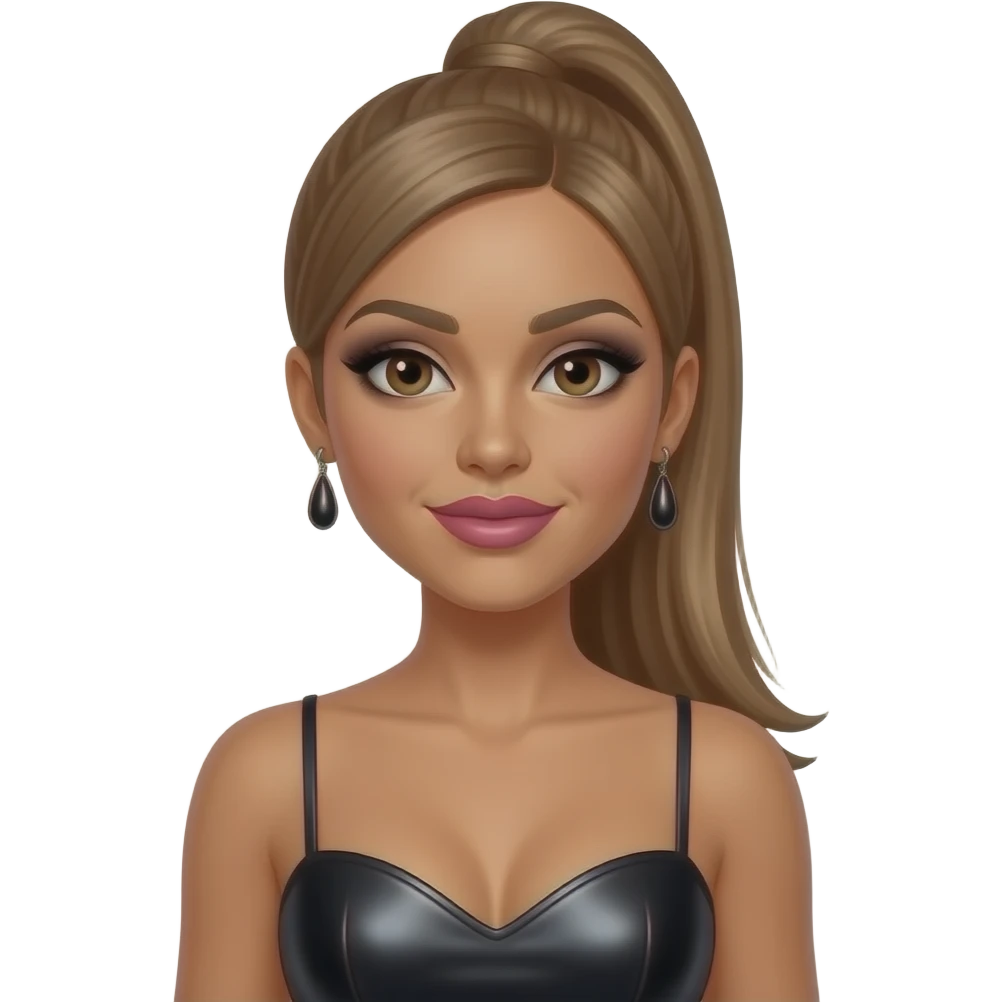 Melody Thornton from The Pussycat Dolls with tan skin, dark brown eyes, long light brown straight high ponytail hair, black eyeshadow, pink lipstick, black metallic sweetheart dress, earrings emoji