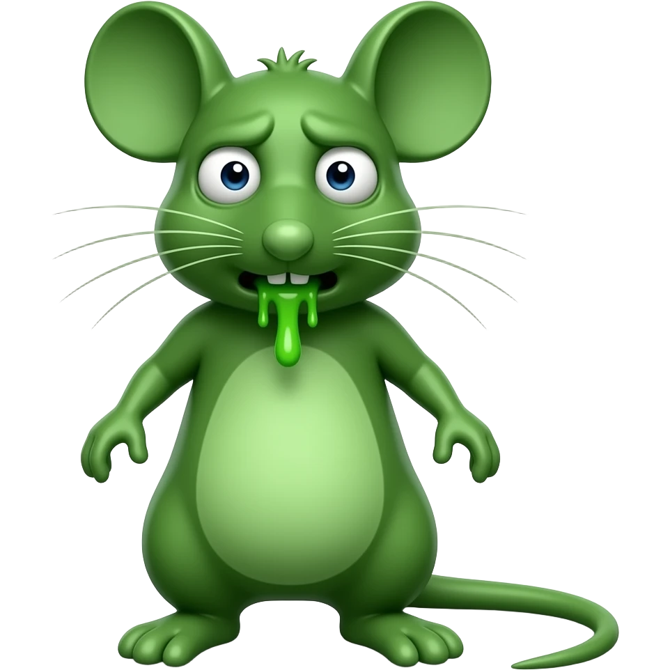 A little green mouse standing upright, with arms and legs that look like those of a little person, staring at us with revolting and nauseating face on its face. He's going to throw up .The mouse’s body is entirely green. emoji