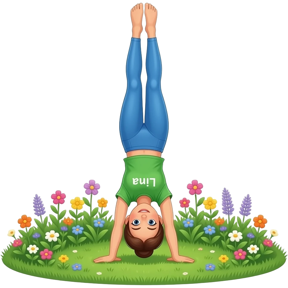 turnerin turnt in einem Garten mit blumen und grünem gras, die turnerin hat eine blaue lange turnhose und ein grünes turn t-shirt an sie macht einen geraden handstand die wiese ist ganz grün auf dem t-shirt steht Lina emoji