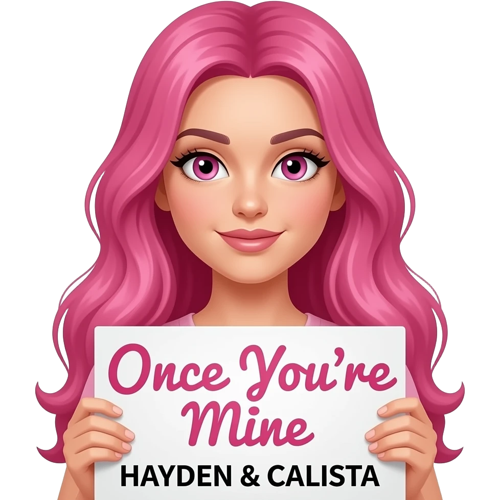 sexy girl with long pink hair and pink eyes holding a Once You're Mine HAYDEN & CALISTA sign emoji