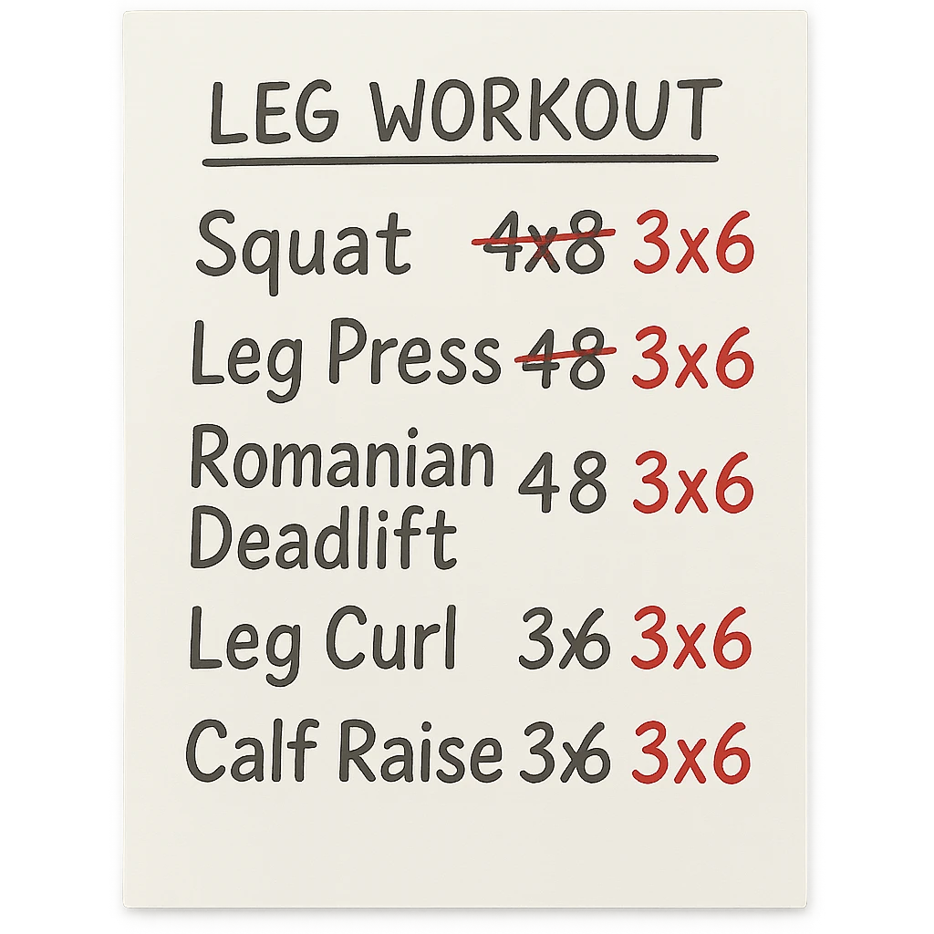 foglio di carta con scheda di allenamento gambe con volume di allenamento ridotto (fai alcuni esercizi con 4x8 scritti in precedenza sbarrati in rosso e la correzione accanto tipo 3x6), scrivila al meglio che puoi emoji