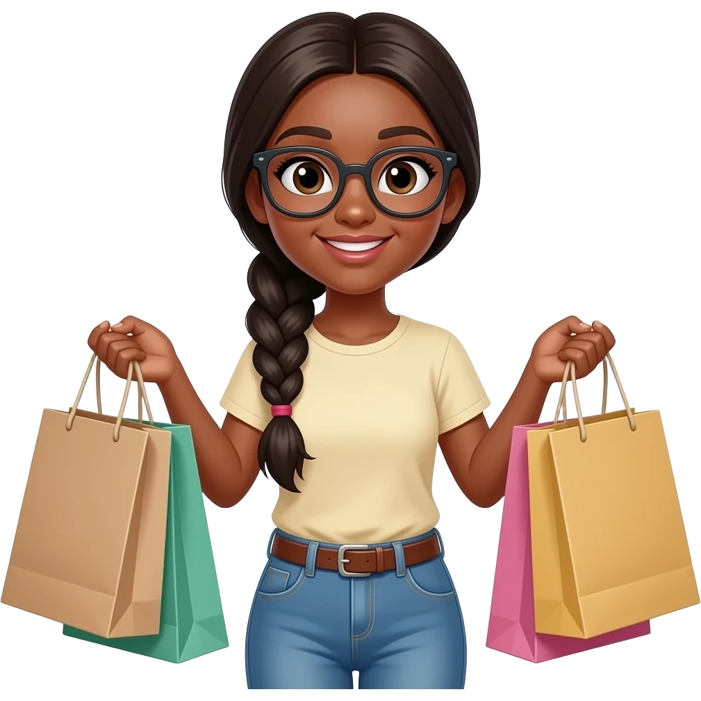 young dark brown skin tone woman with long dark hair in a braided ponytail, glasses, casual clothes, selling products, online shop, shopping bags emoji