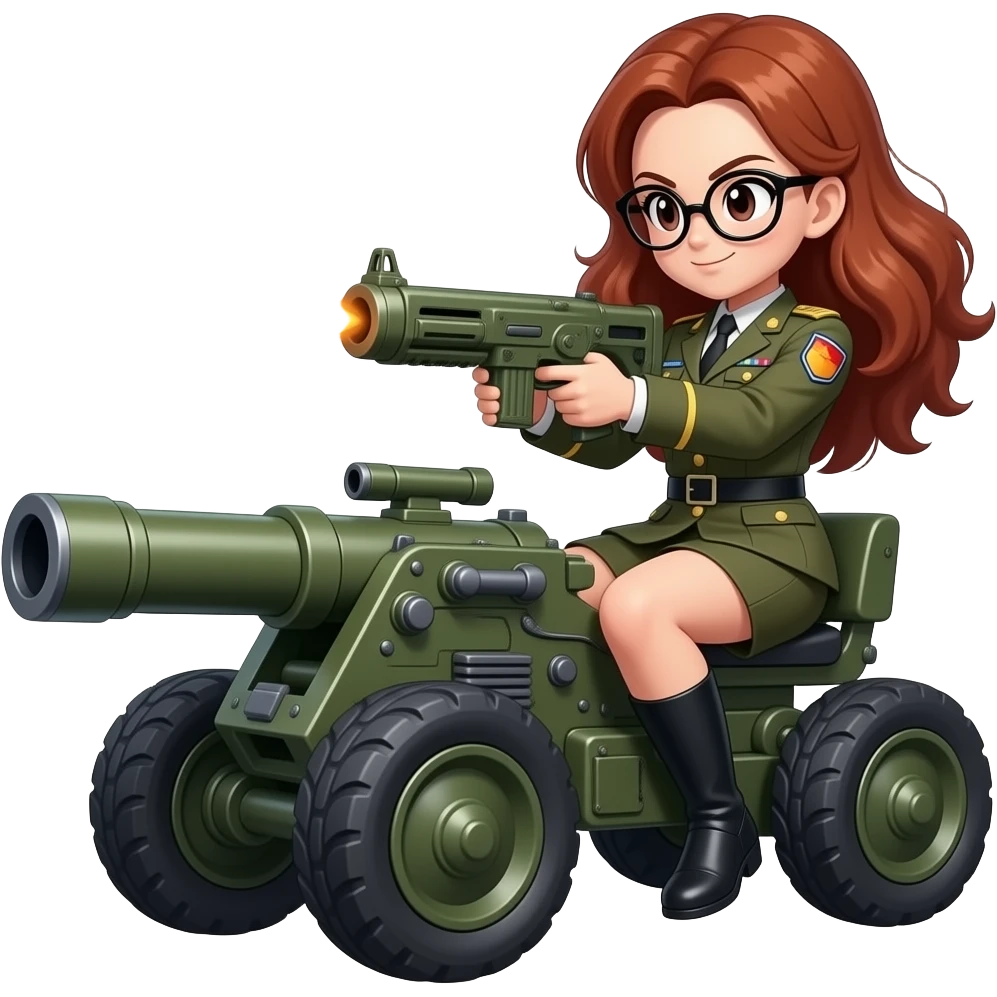brown bushy auburn haired female android 21 from dragon ball fighterz are wear black glasses with army general dress have shoot with two wheeler artillery cannon target on enemy emoji