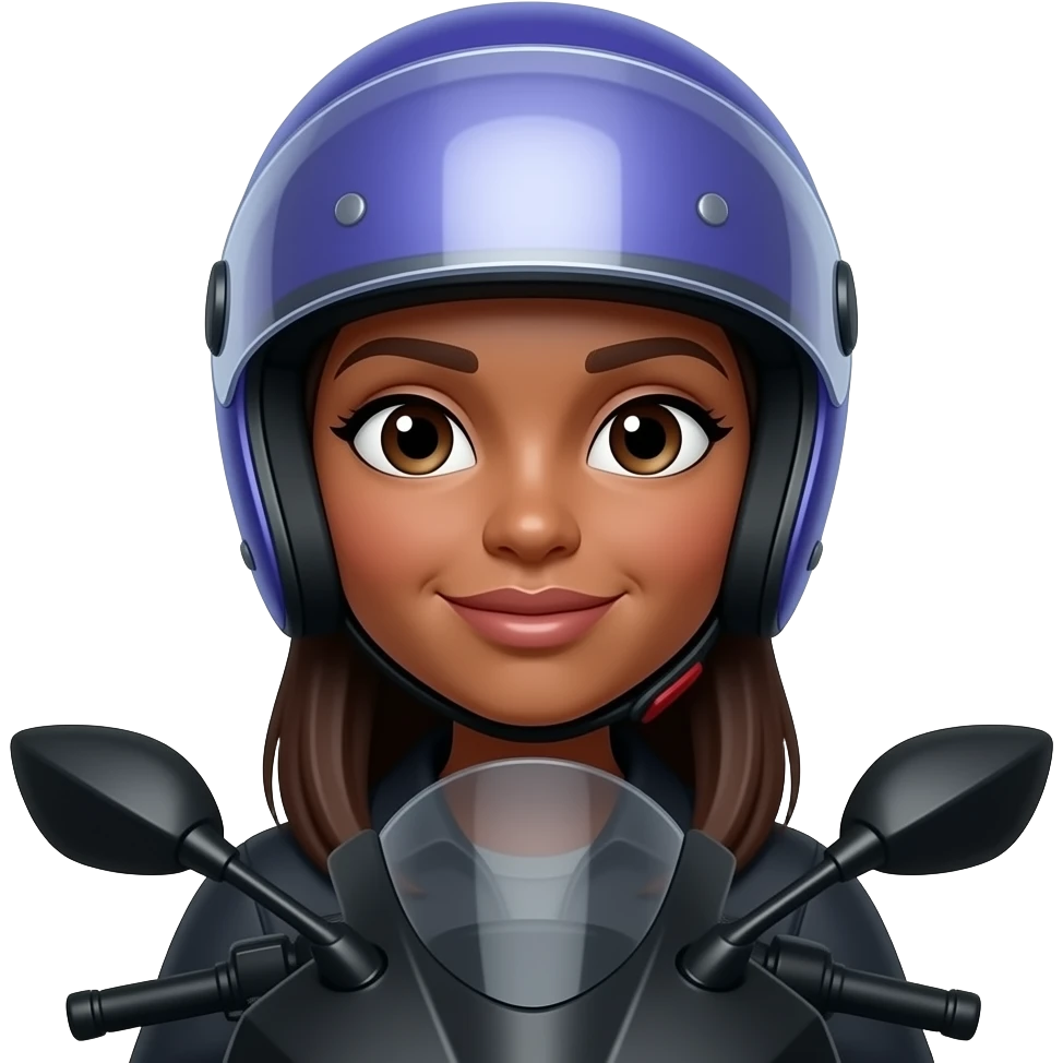 mujer morena de cabello lacio en moto negra  y con Casco de moto color lila azul emoji