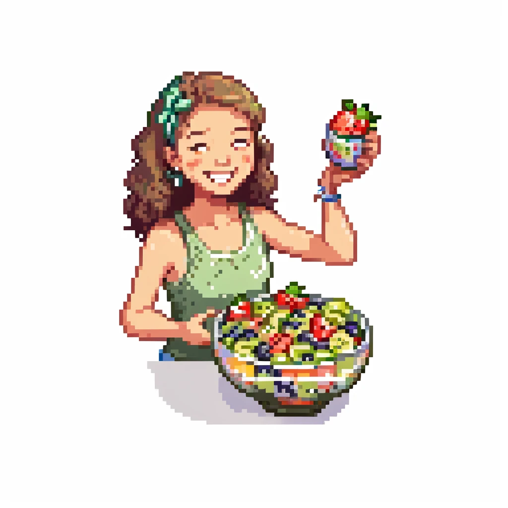 A cheerful person holding a glass bowl of colorful fruit salad with vibrant pieces of strawberries, kiwis, and blueberries visible. The person is wearing a casual, light-colored tank top and has a friendly, bright smile as they prepare to take a bite with a spoon. emoji