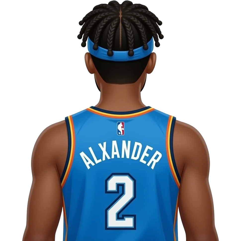 just make it sga from okc thunder from the back with his braids and a headband also with only the number 2 on the back and his name above the number make the last name say Alexander and make it bubble braids make him in a okc jersey make the bubble braids all under the headband no hair tie emoji