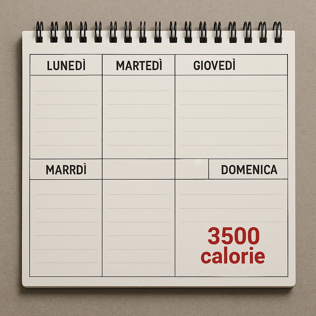 Hyperrealistic top-down view of a weekly calendar in Italian, showing days from Monday to Sunday. Only Saturday and Sunday have the text '3500 calorie' in bold red below, with no red circle on Friday. 4K details, desk atmosphere. emoji
