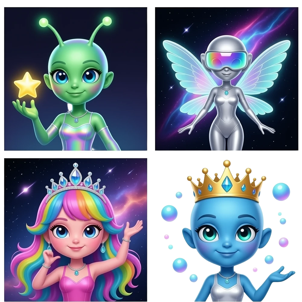 i want a set of emojis for my super fan club in tiktok my theme is alien ladies theme emoji