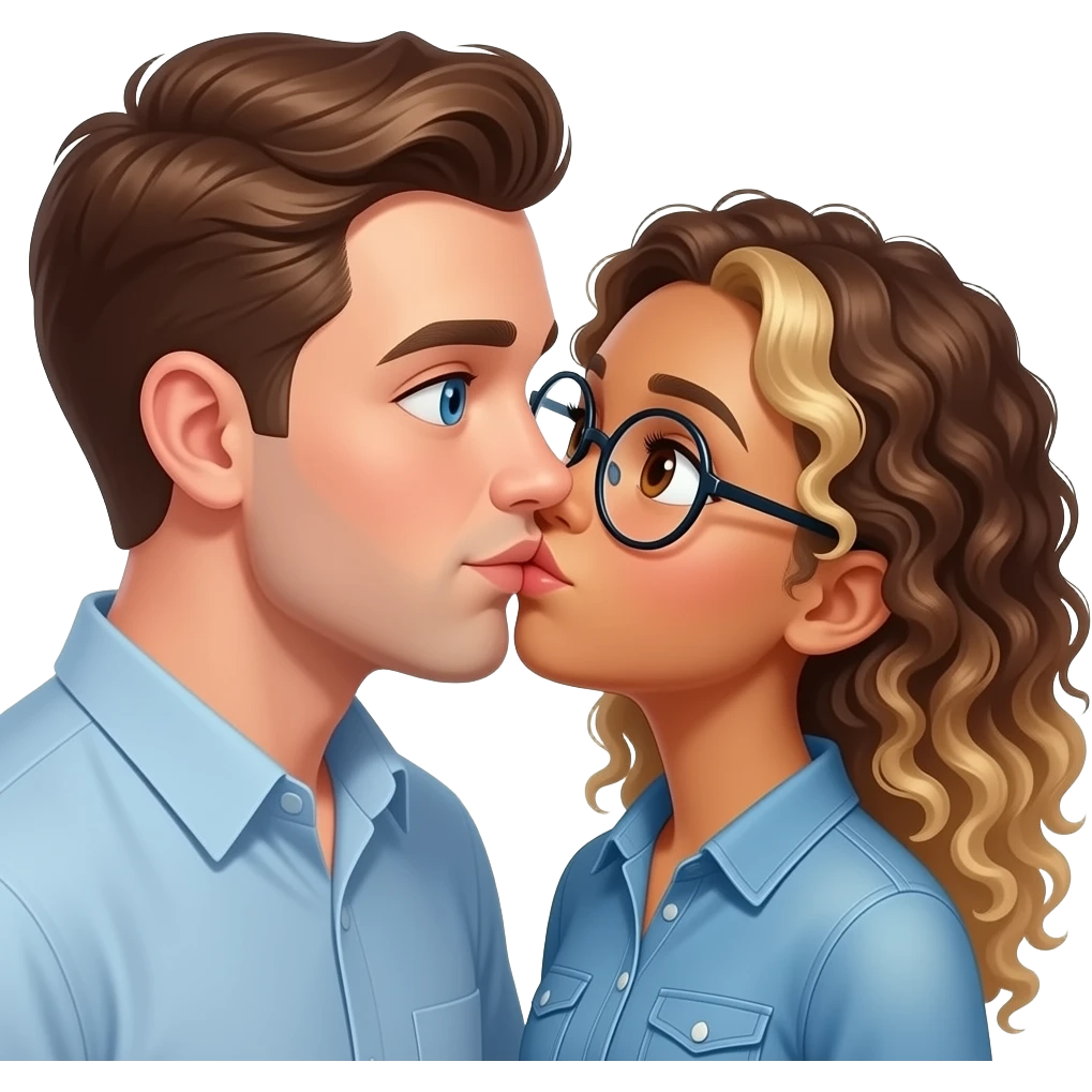 Homme blanc cheveux châtain avec yeux bleu et fille métisse cheveux bouclés marrons et blonds avec des yeux marrons et des lunettes rondes qui s’embrassent avec amour et passion emoji