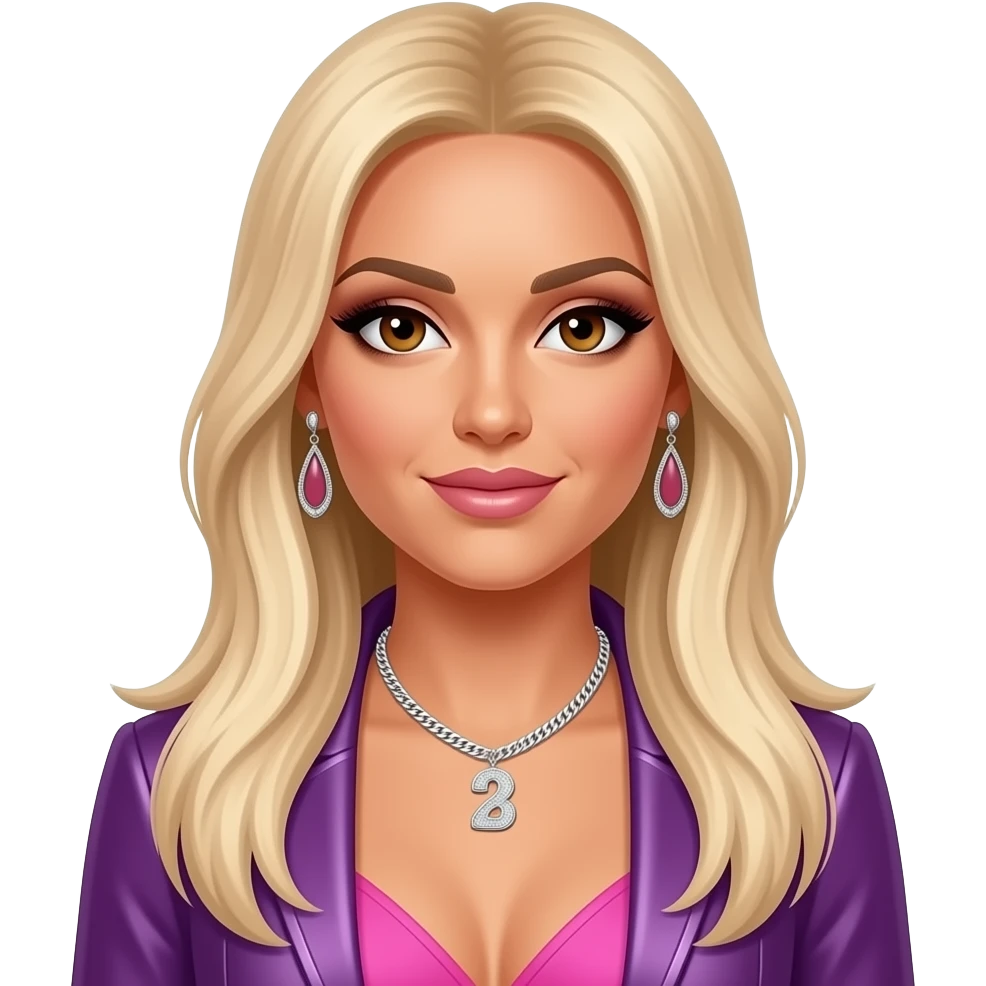 Ashley Roberts from The Pussycat Dolls with brown eyes, long blonde straight hair, pink and purple r&b outfit, necklace and earrings emoji