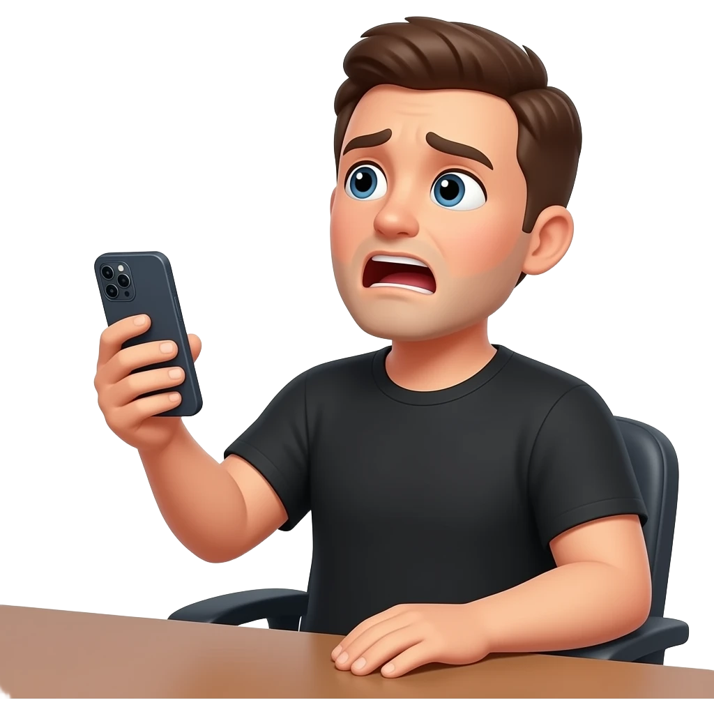 hombre de remera negra sentado en una silla,en su escritorio mirando para arriba abriendo la boca agotado con el celular el la mano izquierda emoji