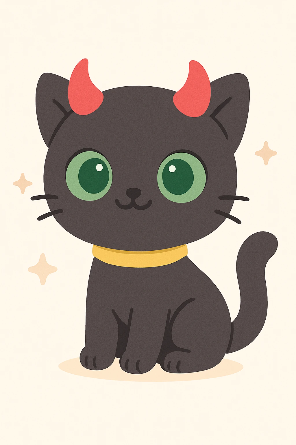 Add a yellow collar to the black cat with green eyes and demon horns, maintaining the cute cartoon style of the original image. emoji