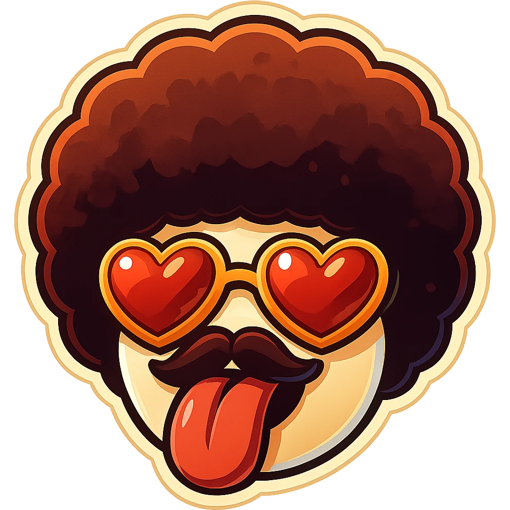 White circle face, afro, heart glasses, big heart eyes, tounge rolled out emoji