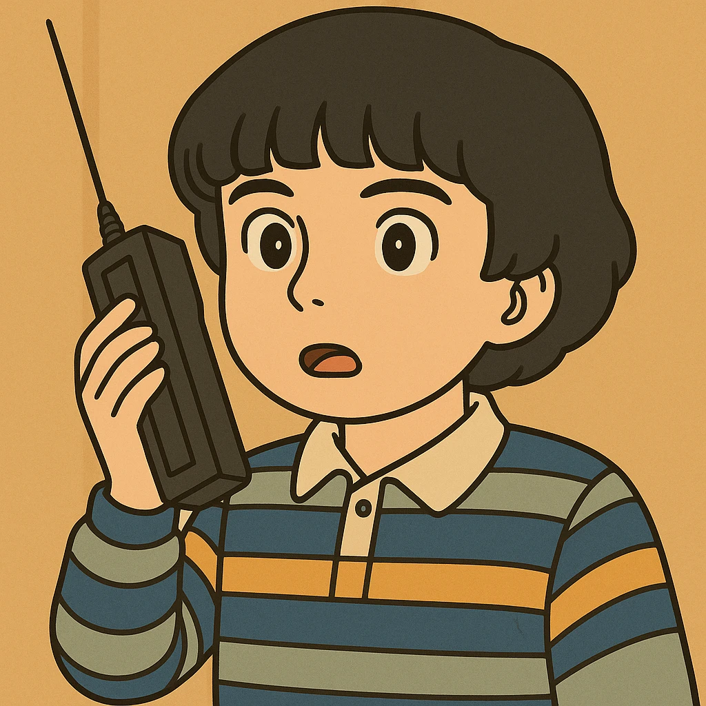 Variação do Mike Wheeler com cabelo de tigela bem marcado, traço simples e delicado, colorido em tons pastel, contornos bem grossos e escuros, estilo Ghibli, formato 1:1 emoji