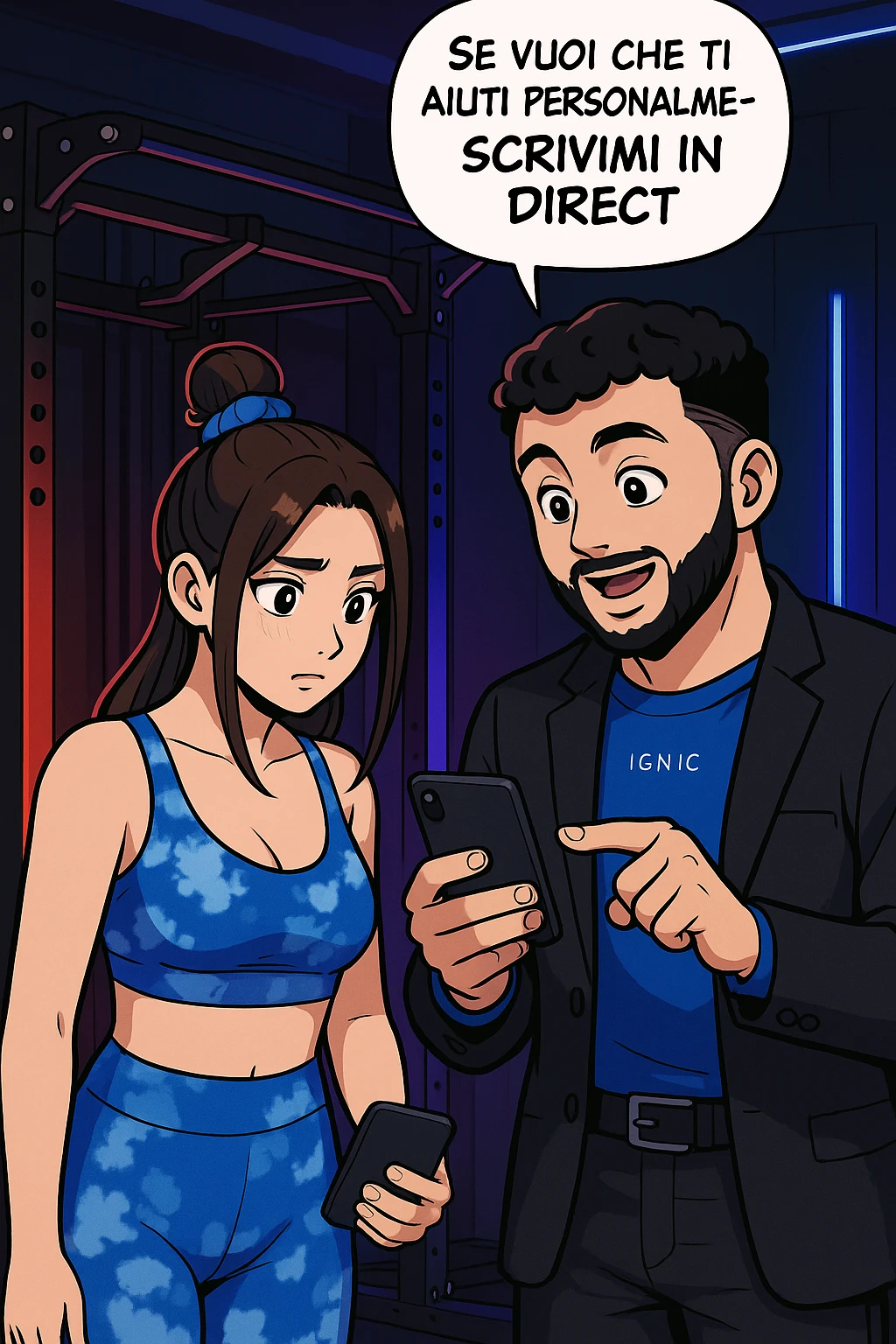 TRASFORMA QUESTO CAROSELLO IN UN FUMETTO STILE WEBTOON/MANGA A COLORI CON QUESTE DUE PERSONE IDENTICHE CHE INTERLOQUISCONO TRA LORO, L'UOMO MOSTRA UNO SMARTPHONE ALLA DONNA INDICANDOLO, E ANCHE LA DONNA HA LO SMARTPHONE IN MANO PER ANDARE A SEGUIRE IL SUO PROFILO INSTAGRAM:

LUI (UOMO): Se vuoi che ti aiuti personalmente
SCRIVIMI IN DIRECT emoji