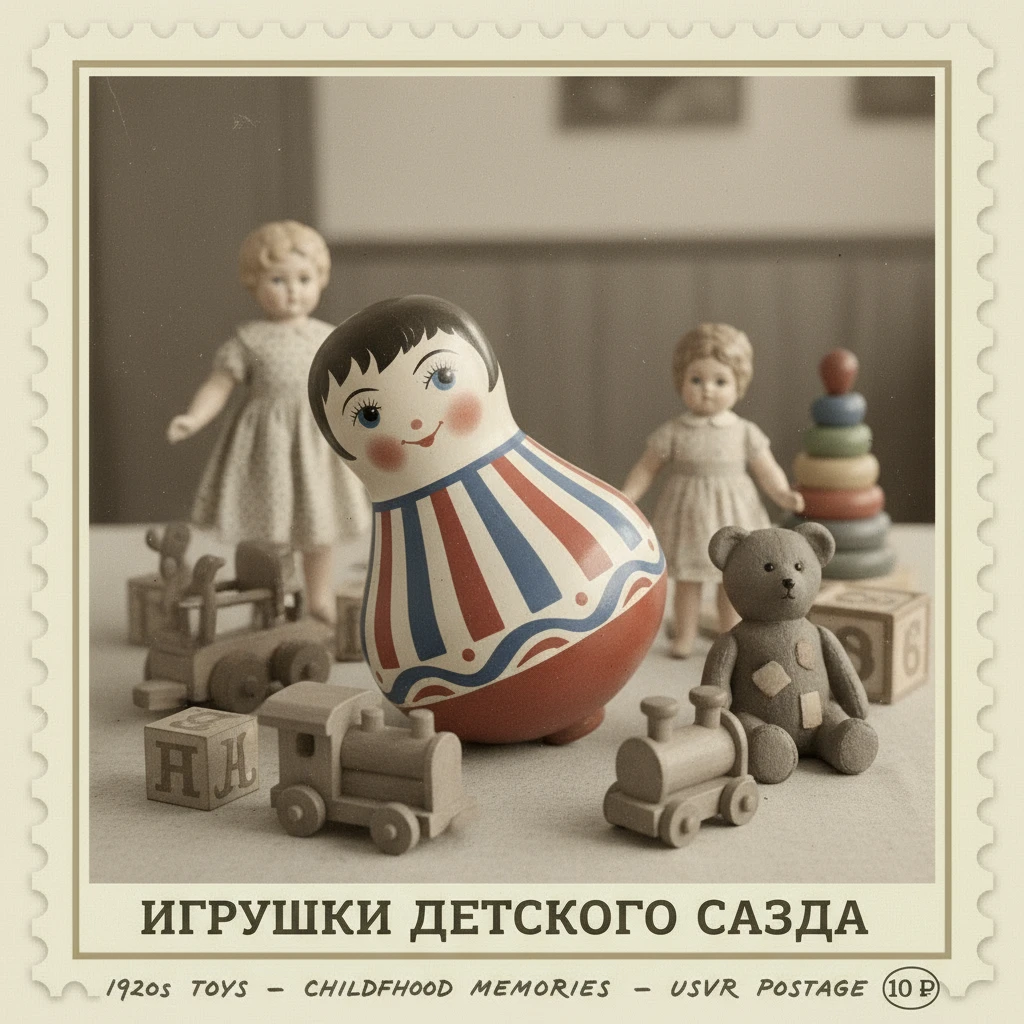 Сделай марку на которой изображены игрушки детского сада, на первом плане - неваляшка 1920-х годов

Стиль марки такой же, как на прикрепленном фото emoji