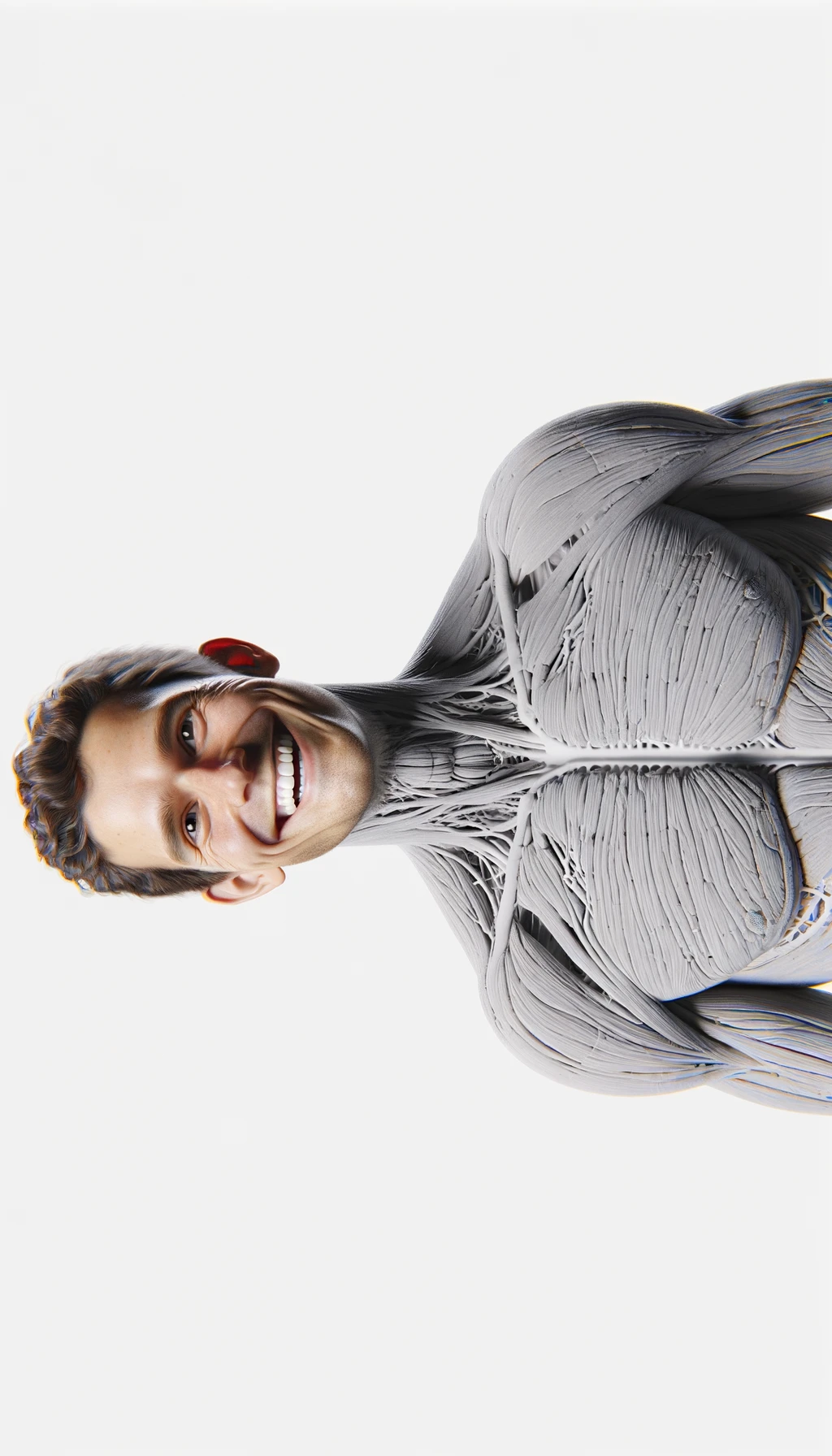 corpo umano anatomico a figura intera visibile fino ai fianchi che sorride rilassato, iperrealistico 4k, isolato su sfondo bianco emoji
