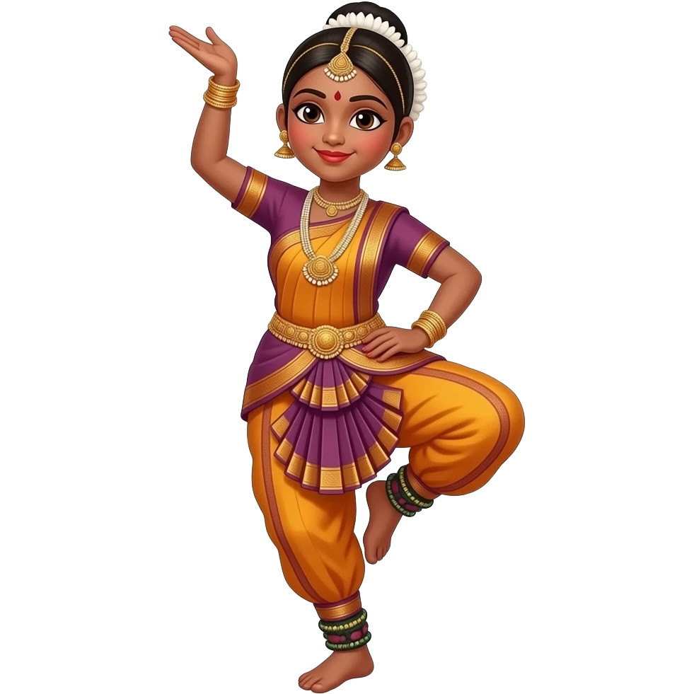 Light brown skin girl in a bharatnataym dress with her leg lifted up emoji