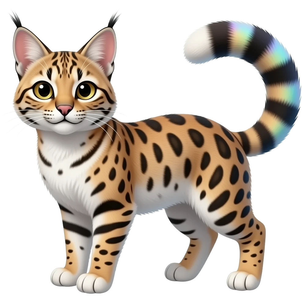 White realistic soft silky smooth vernid-Civet-Genet-Bobcat-Caracal-Serval-animal-hybrid-mix fantasy creature LiLaiRa Kamirah Falvie whiskers paws full body with colorful gradient iridescent patterns fur markings and with a long thin tufted tail feline emoji