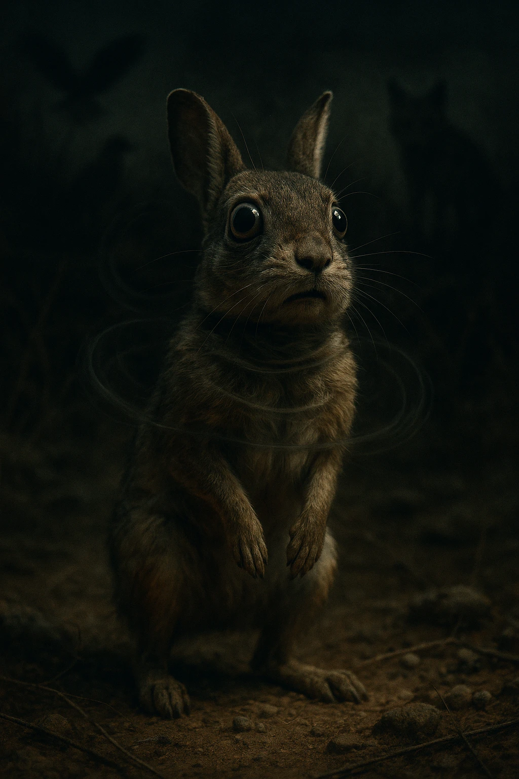 A hyperrealistic, cinematic illustration of a small wild animal, such as a rabbit or a meerkat, with wide, alert eyes and tense body posture, standing in a dry, rugged environment with predators lurking in the shadows. The animal's chest is visibly rising and falling rapidly, representing short, shallow breathing due to constant fear and vigilance. The background is dimly lit, with faint shadows of predators like hawks or foxes barely visible, symbolizing the ever-present threat. Around the animal, subtle visual representations of tension and stress appear as tight, dark rings or smoke near its chest and head, while the environment feels heavy and oppressive. The color palette is muted earth tones, with sharp focus on the animal’s tense face and rapidly moving chest, while the environment around is slightly blurred, emphasizing the feeling of isolation and perpetual fear. The style is 35mm film hyperrealistic with a storytelling, National Geographic documentary aesthetic, capturing the concept of an animal constantly living in fight-or-flight, breathing fast and shallow to survive emoji